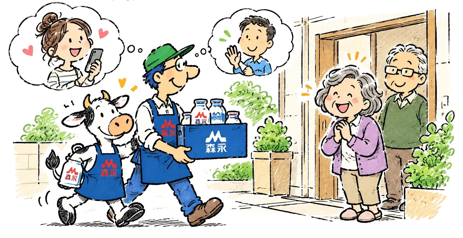 森永のスタッフと牛のキャラクターが、離れて暮らすご両親へ牛乳をお届けする温かいイラスト